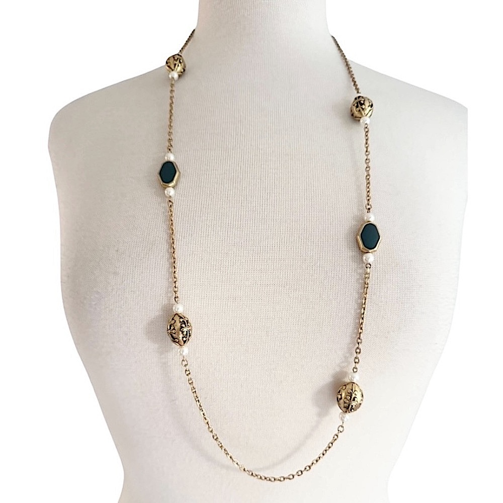 Vintage Gold Tone Long Beaded Necklace